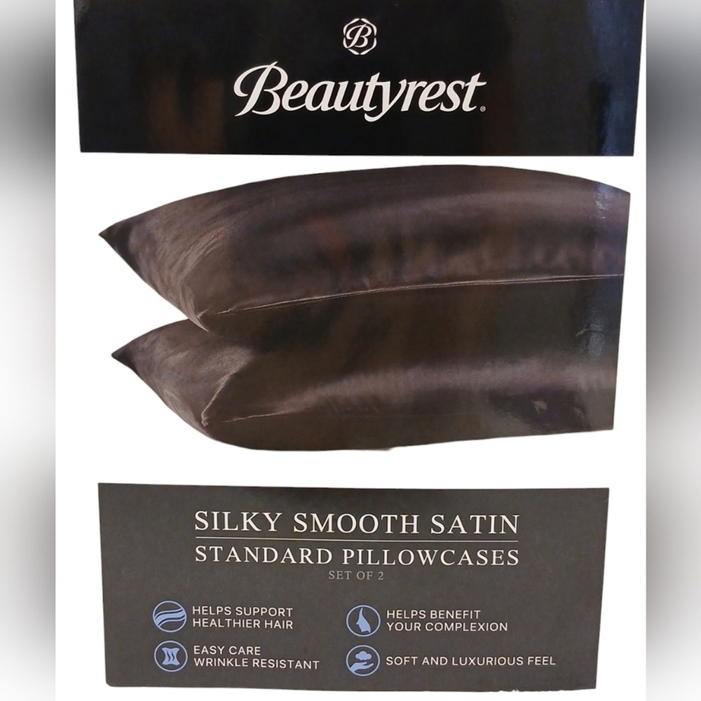 2 Pc Beautyrest STANDARD Satin Pillowcases BLACK Silky Therapeutic Hair Skin NEW